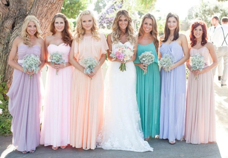 Strapless, spaghetti strap and high neckline mismatching pastel bridesmaid maxi dresses are very romantic and cool