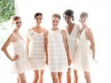 mismatching short white bridesmaid dresses are very trendy and cool – white bridal parties are very edgy