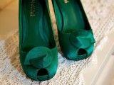 green fabric shoes with peep toes are nice to complete a winter or Christmas bridal look
