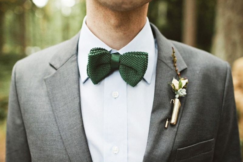 Accessorize your look with a green bow tie and a pretty boutonniere for a winter wedding