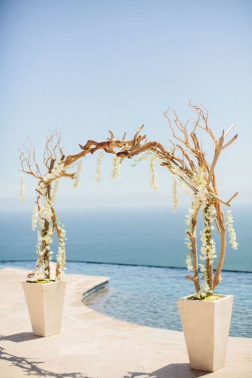 a driftwood wedding arch in planters and with white blooms on the arch and hanging down