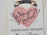 a romantic save the date with a heart and black calligraphy is a stylish idea for a modern and romantic wedding with touches of pink