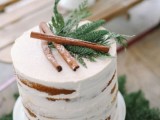 a semi naked one tier wedding cake with some fir and cinnamon bark on top for a Christmas wedding