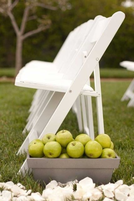 green apples placed in crates along your wedding aisle will be not just a decoration but also a stack of wedding favors, great for a summer or fall wedding