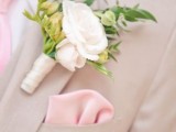 a silk pink tie and a handkerchief are a nice combo for a wedding, add a neutral bloom and greenery to the look