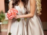 grey silk knee bridesmaid dresses with depe necklines, no sleeves, draped bodices and skirts are amazing for a modern wedding