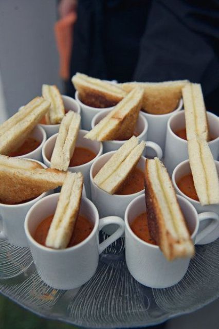 tomato soup with toasts or cheese sandwiches is a timeless appetizer idea for a fall wedding