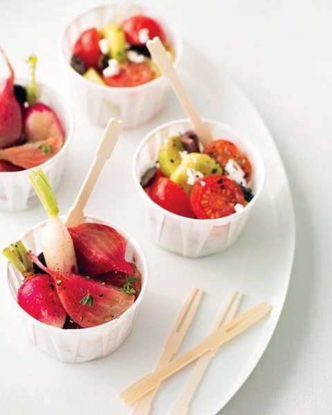cups with fresh vegetables, cheese and greenery are a very healthy appetizer idea for a fall wedding - enjoy fresh veggies