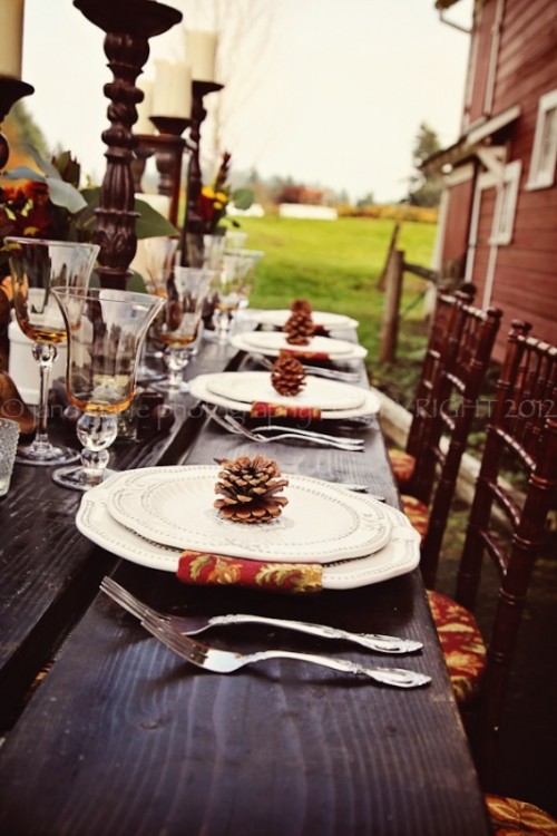 a rustic fall wedding tablescape with an uncovered table, elegant white plates and bright napkins, pinecones, tall wooden candleholders and pillar candles is awesome
