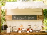 a wedding biscuit bar with various homemade biscuits and various types of drinks and lemonade in the same place