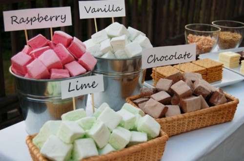 a wedding s'mores bar with various cookies and colorful marshmallows is a cool idea for a camp or rustic wedding