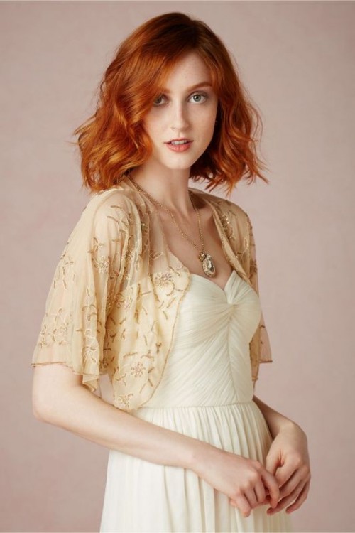 a beautiful nude embellished and embroidered bolero is a chic and elegant way to cover up