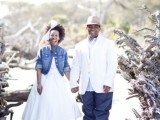 a blue denim jacket is a very cool and trendy idea for a bride, it brings a casual feel