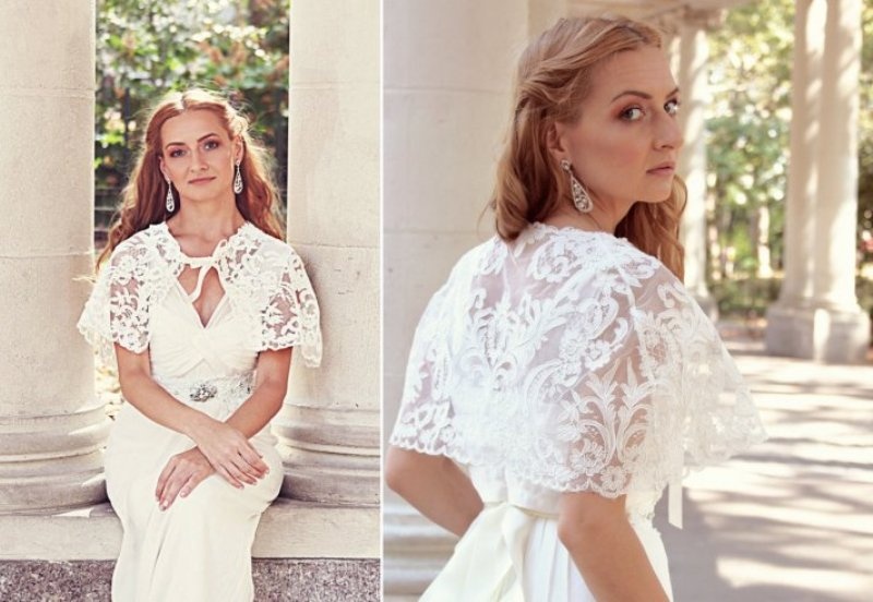 A cropped lace cape is a trendy idea with a touch of romance
