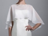 a plain white sheer capelet with an embellished neckline for a modern or minimalist bridal look
