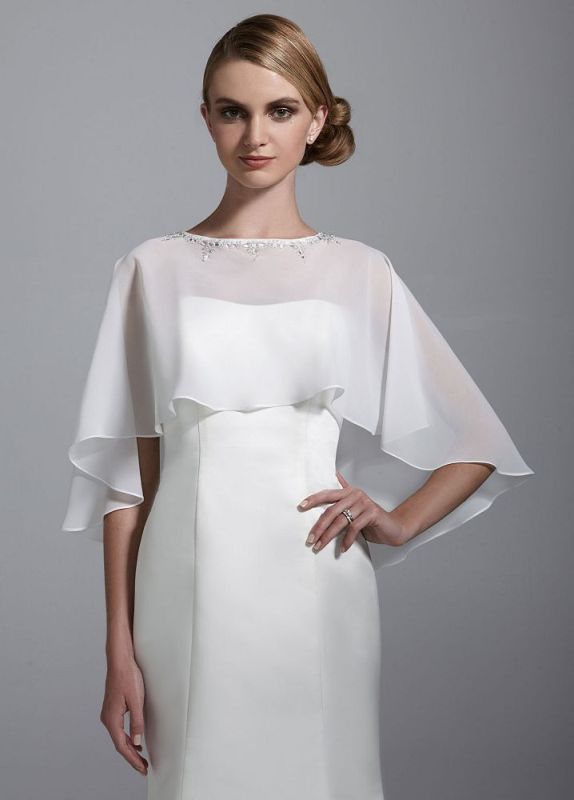 A plain white sheer capelet with an embellished neckline for a modern or minimalist bridal look