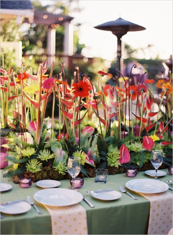 A whimsical tropical wedding tablescape with a green tablcloth and printed napkins and a unique floral, greenery and succulent centerpiece which seems to be growing from the table