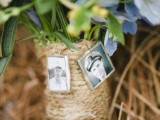 a twine wedding bouquet wrap with photos of those who have passed away is a hint to them