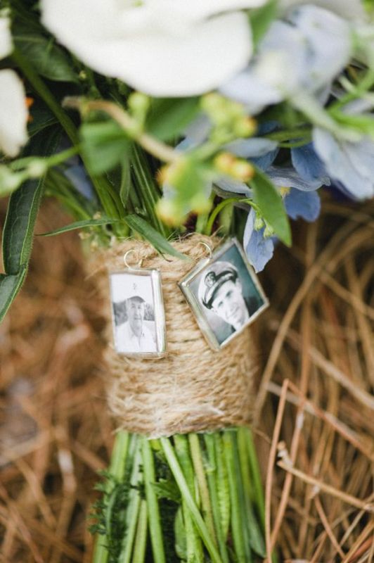 A twine wedding bouquet wrap with photos of those who have passed away is a hint to them