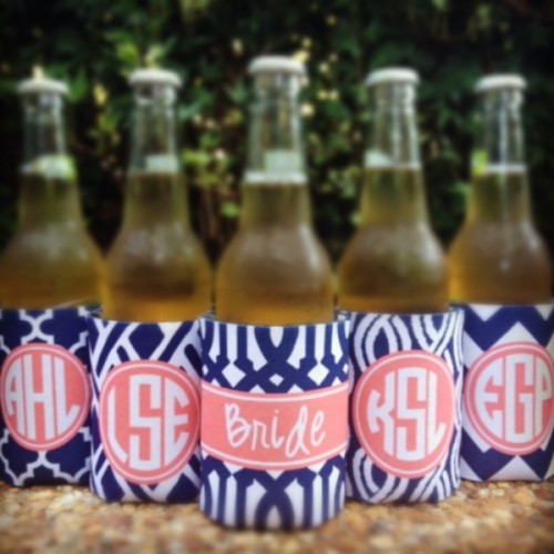 beer bottles with coverups in navy and coral pink and monograms will accent the drinks a lot