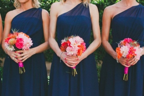 navy one shoulder maxi dresses fro bridesmaids and coral and hot red bouquets for a contrast