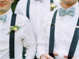 navy suspenders and blue bow ties – just add coral boutonnieres and you’ll enjoy the result