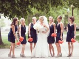 short navy bridesmaid dresses with grey shoes and coral bouquets will help you enjoy the color scheme and will refresh the space with contrasting looks