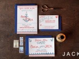 colorful nautical navyand coral wedding invitaiton suite with anchors and other prints