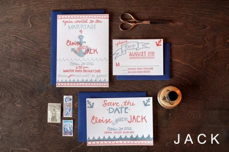 Colorful nautical navyand coral wedding invitaiton suite with anchors and other prints