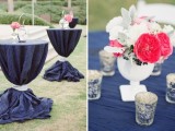 cocktail tables with navy tablecloths and bright coral and white blooms will highlight your color scheme