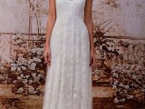 a lace A-line wedding dress with an illusion neckline, short sleeves, a small train for a modern romantic bride