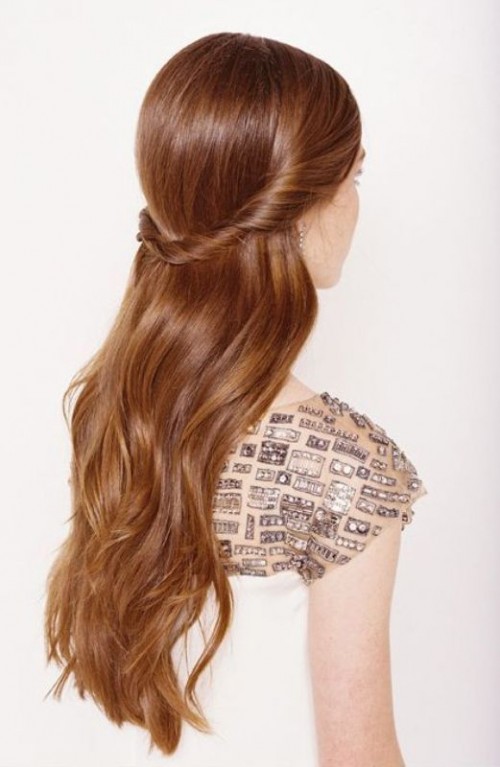 a romantic and simple half updo with a sleek top, a twisted halo and long locks down is easy to make and looks beautiful