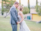 a romantic grey sequinned strapless wedding dress with a train is a non-traditional option for a color-loving bride