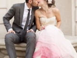 a strapless textural wedding ballgown with a pink skirt is a girlish statement with color