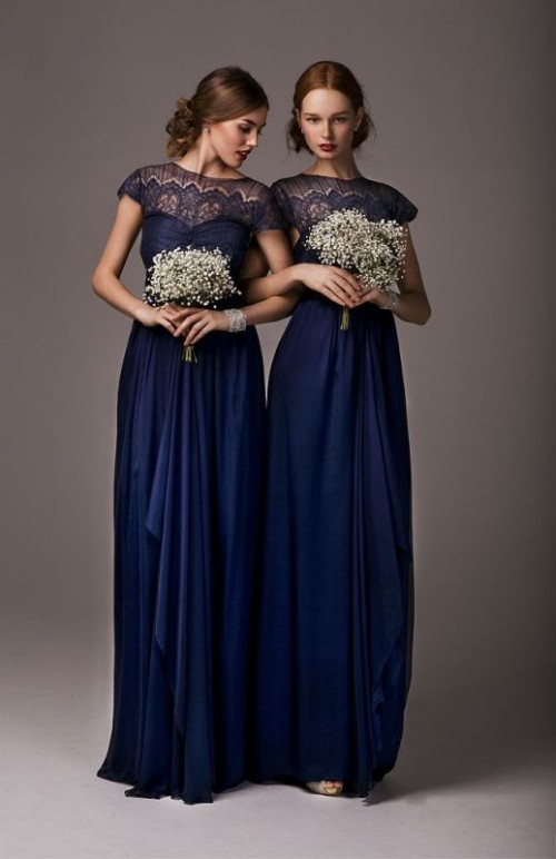 elegant midnight blue bridesmaid dress with lace bodices and short sleeves and layered skirts