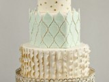 a whimsical pastel patterned wedding cake with a gold and mint tier, with polka dots, ruffles and geometric touches