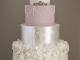 a very glam and chic wedding cake with pink, silver and white tiers – patterns, floral patterns and a pink sugar bloom on top