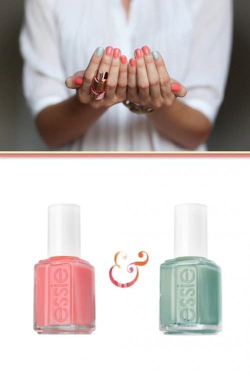 a coral manicure with mint accent nails is a cool and bright idea to rock anytime