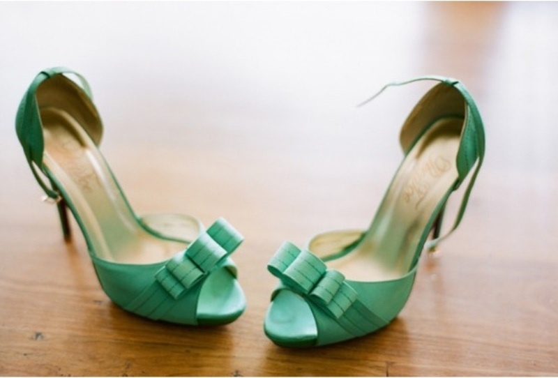 Mint bow wedding shoes with peep toes are bright and fun, add a touch of mint to your wedding look