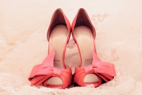 coral wedding shoes with oversized bows and peep toes are always a cute idea to rock