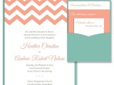 coral, mint and creamy wedding invitation suite with chevron patterns is a cool idea for a bright wedding