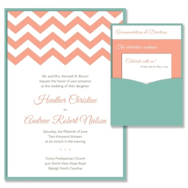Coral, mint and creamy wedding invitation suite with chevron patterns is a cool idea for a bright wedding