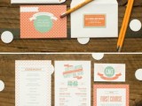 coral, mint and white wedding invitation suite with polka dots and fine prints for a cool and bright look