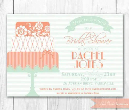 a fun coral, mint and creamy wedding invitation with bold letters for a colorful spring or summer wedding