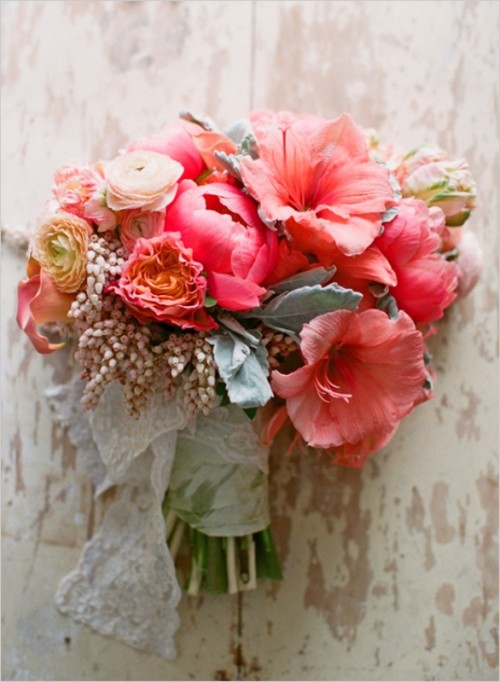 a bright coral, creamy and mint wedding bouquet for a colorful statement at your wedding
