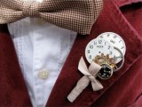 a vintage clock boutonniere with gears and a bow is a lovely idea for a steampunk wedding or a groom wo loves mechanics