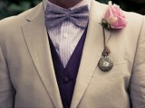 a cool wedding boutonniere with a vintage pocket clock and a pink rose is a very creative and bold idea