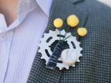 a creative wedding boutonniere composed of a gear, billy balls and a bottle cap is a fun idea that shows off what the groom likes