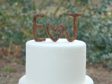 vine monogram and heart cake toppers will be a great fit for a rustic wedding, they will add interest to the simple white cake