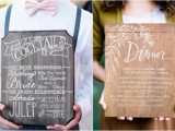 stylish usual and cocktail menus done on the wood with calligraphy will fit a rustic wedding